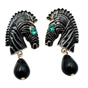 Womens Earrings Pierced Horse Black Enamel Green Rhinestone